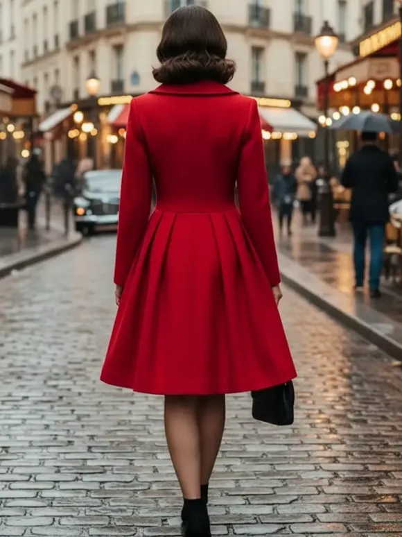 Manteau en laine rouge rétro années 1950 coupe trapèze croisé pour femme (2026)