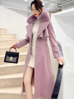 Manteau en laine évasé sur toute la longueur avec col en fausse fourrure blanche revers classique ceinture slim ligne A manteau d'hiver maxi 2026