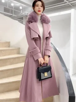 Manteau en laine évasé sur toute la longueur avec col en fausse fourrure blanche revers classique ceinture slim ligne A manteau d'hiver maxi 2026