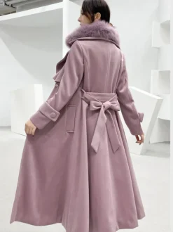 Manteau en laine évasé sur toute la longueur avec col en fausse fourrure blanche revers classique ceinture slim ligne A manteau d'hiver maxi 2026