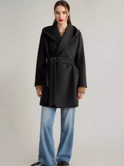 Manteau en mélange de laine et de cachemire avec capuche Camel Manteau court à double face avec ceinture pour femme 2026