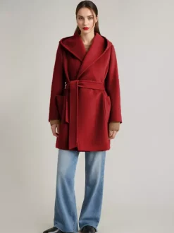 Manteau en mélange de laine et de cachemire avec capuche Camel Manteau court à double face avec ceinture pour femme 2026