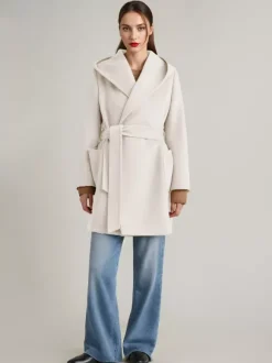 Manteau en mélange de laine et de cachemire avec capuche Camel Manteau court à double face avec ceinture pour femme 2026