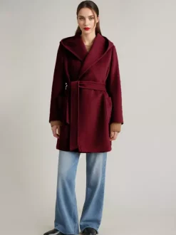 Manteau en mélange de laine et de cachemire avec capuche Camel Manteau court à double face avec ceinture pour femme 2026