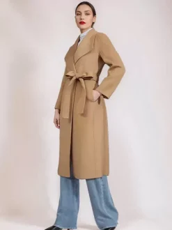 Manteau en mélange de laine et de cachemire avec ceinture Camel à revers large vêtement d'extérieur double face pour femme 2026