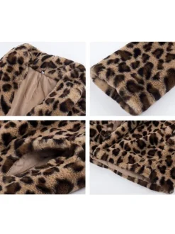 Manteau Fausse Fourrure Femmes Courts Imprimés Léopard à Col Revers avec Manches Longues avec Poches Bicolores