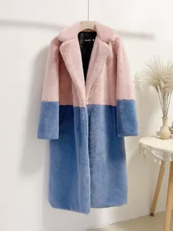 Manteau Fausse Fourrure Mi-long Femme avec Manches Longues à Col Revers Bicolores Manteau Femme