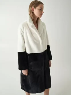 Manteau Fausse Fourrure Mi-long Femme avec Manches Longues à Col Revers Bicolores Manteau Femme