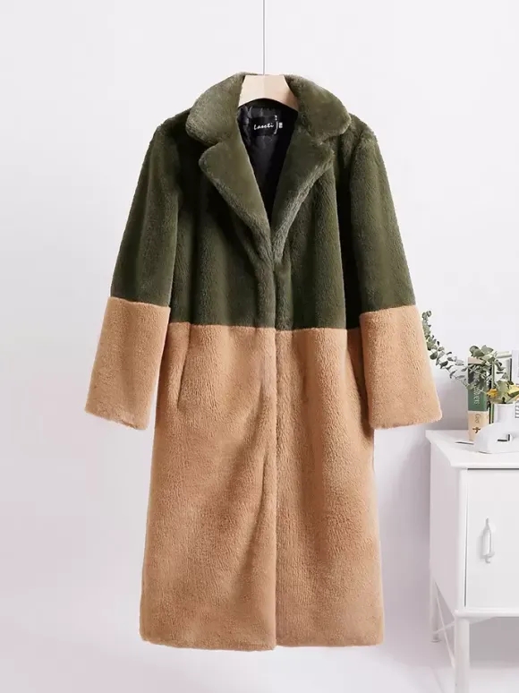 Manteau Fausse Fourrure Mi-long Femme avec Manches Longues à Col Revers Bicolores Manteau Femme