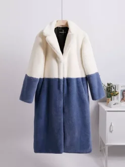 Manteau Fausse Fourrure Mi-long Femme avec Manches Longues à Col Revers Bicolores Manteau Femme