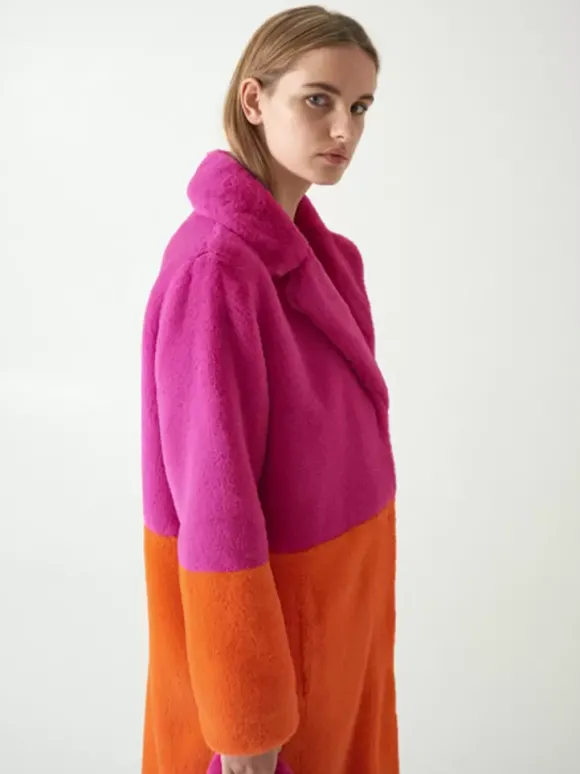 Manteau Fausse Fourrure Mi-long Femme avec Manches Longues à Col Revers Bicolores Manteau Femme