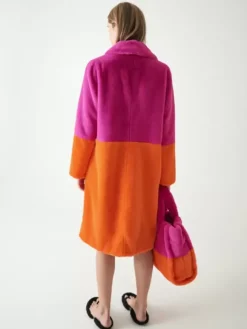 Manteau Fausse Fourrure Mi-long Femme avec Manches Longues à Col Revers Bicolores Manteau Femme