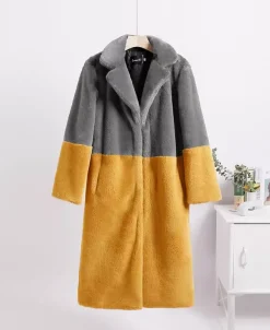 Manteau Fausse Fourrure Mi-long Femme avec Manches Longues à Col Revers Bicolores Manteau Femme
