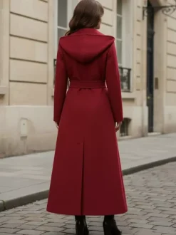 Manteau long à capuche en laine mélangée coupe croisée pour femme 2026