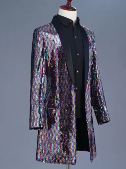 Manteau long à paillettes pour hommes tenue de danse Rock des années 80 pour Performance sur scène rétro