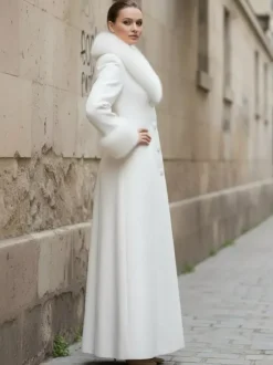 Manteau long blanc en laine avec col et poignets en fausse fourrure pour femme 2026