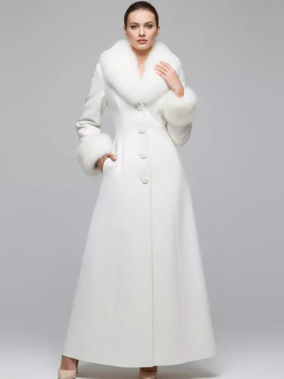 Manteau long blanc en laine avec col et poignets en fausse fourrure pour femme 2026