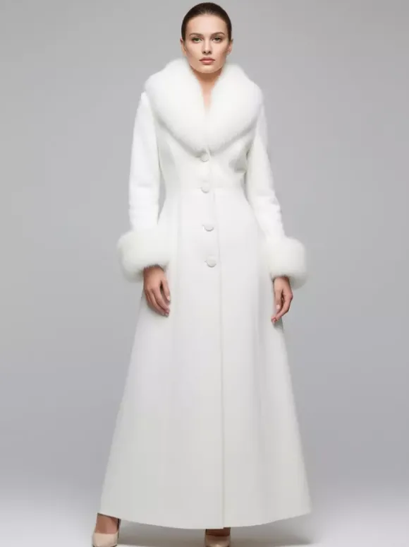 Manteau long blanc en laine avec col et poignets en fausse fourrure pour femme 2026