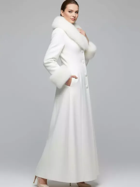 Manteau long blanc en laine avec col et poignets en fausse fourrure pour femme 2026