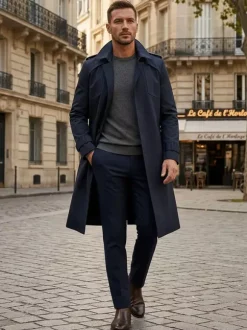 Manteau Long Costume Pour Hommes Col Rabattu Confortable Bleu Foncé Beau