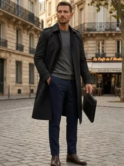 Manteau Long Costume Pour Hommes Col Rabattu Confortable Bleu Foncé Beau