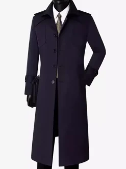 Manteau Long Costume Pour Hommes Col Rabattu Confortable Bleu Foncé Beau