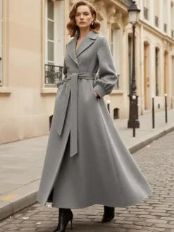 Manteau long croisé en laine avec ceinture et manches bouffantes pour femme 2026