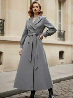 Manteau long croisé en laine avec ceinture et manches bouffantes pour femme 2026
