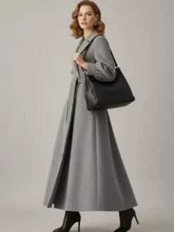 Manteau long croisé en laine avec ceinture et manches bouffantes pour femme 2026