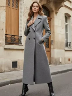 Manteau long croisé en laine coupe droite sophistiquée collection femme 2026
