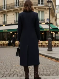 Manteau long croisé en laine avec revers cranté et poches à rabat pour femme 2026