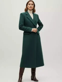 Manteau long croisé en laine avec revers cranté et poches à rabat pour femme 2026