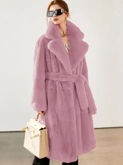 Manteau long en fausse fourrure avec revers crantés et ceinture Veste d'hiver écologique pour femme 2026