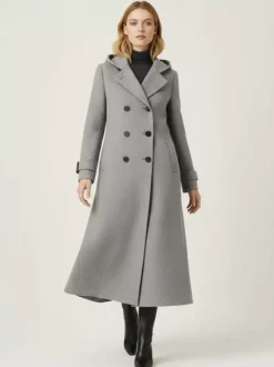 Manteau long en laine à capuche et double boutonnage avec pattes de serrage aux poignets pour femme 2026