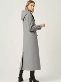 Manteau long en laine à capuche et double boutonnage avec pattes de serrage aux poignets pour femme 2026