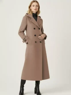 Manteau long en laine à capuche et double boutonnage avec pattes de serrage aux poignets pour femme 2026