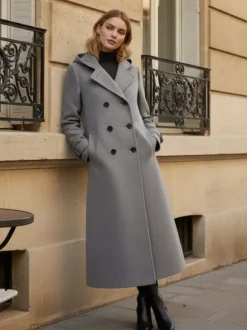 Manteau long en laine à capuche et double boutonnage avec pattes de serrage aux poignets pour femme 2026