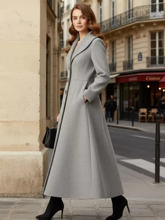 Manteau long en laine à col châle pour femme 2026