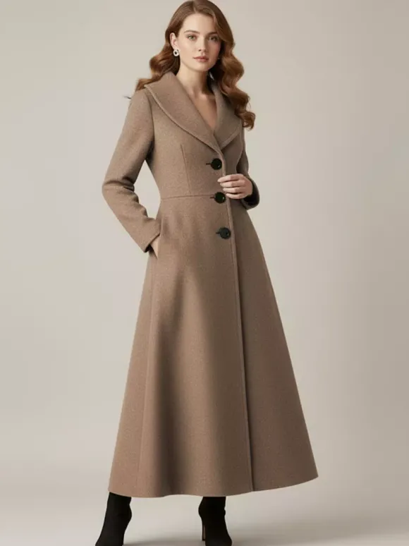 Manteau long en laine à col châle pour femme 2026