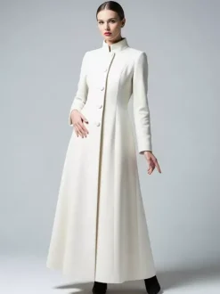 Manteau long en laine blanche à col montant et coupe trapèze pour femme 2026