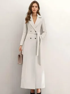 Manteau long en laine blanc à revers crantés croisé ceinturé vêtements d'extérieur d'hiver pleine longueur pour femmes 2026