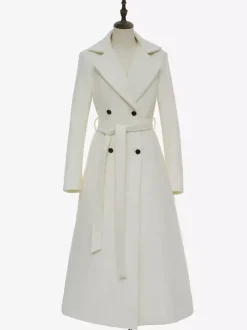 Manteau long en laine blanc à revers crantés croisé ceinturé vêtements d'extérieur d'hiver pleine longueur pour femmes 2026