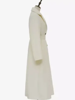 Manteau long en laine blanc à revers crantés croisé ceinturé vêtements d'extérieur d'hiver pleine longueur pour femmes 2026