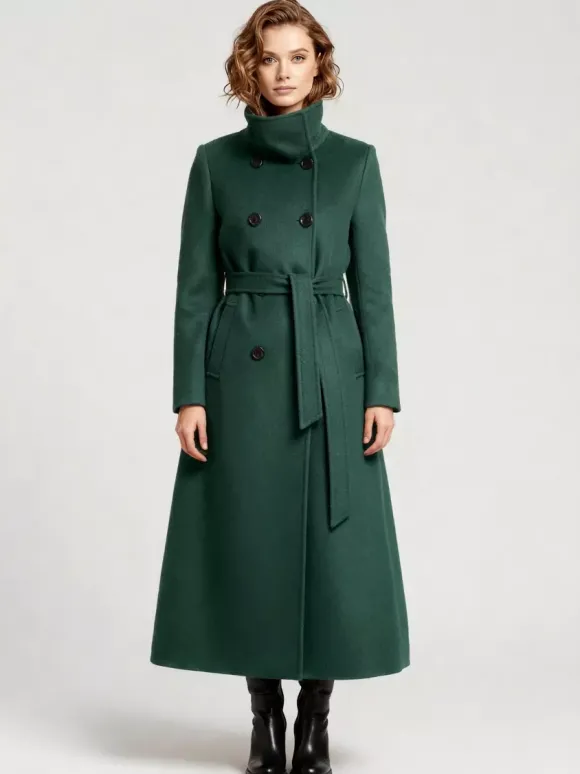 Manteau long en laine ceinturé à double boutonnage et col montant pour femme 2026