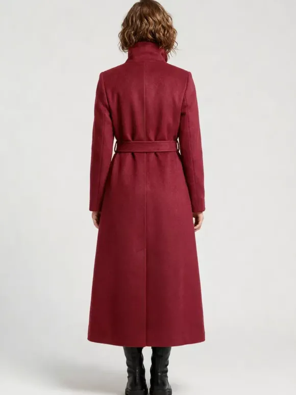 Manteau long en laine ceinturé à double boutonnage et col montant pour femme 2026