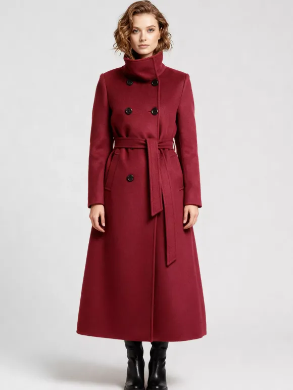 Manteau long en laine ceinturé à double boutonnage et col montant pour femme 2026