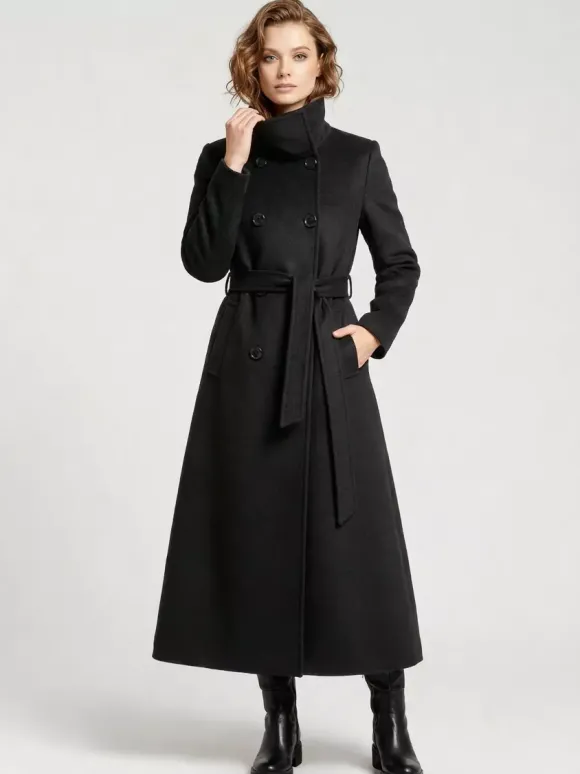 Manteau long en laine ceinturé à double boutonnage et col montant pour femme 2026