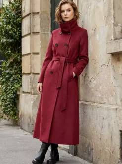 Manteau long en laine ceinturé à double boutonnage et col montant pour femme 2026