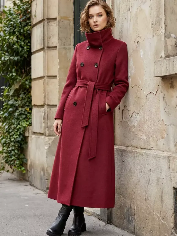Manteau long en laine ceinturé à double boutonnage et col montant pour femme 2026