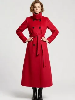 Manteau long en laine ceinturé à double boutonnage et col montant pour femme 2026